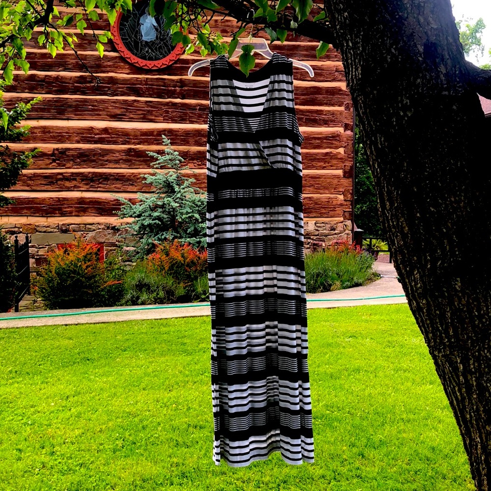 L.L. Bean Black and White Striped Sleeveless Maxi Dress